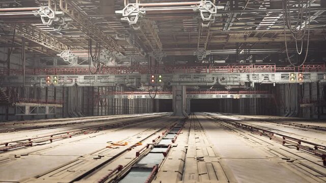 Vast depot interior with reinforced floor panels, overhead conduits, dim tactical lights, cargo rails, empty vehicle bays, readiness atmosphere implying