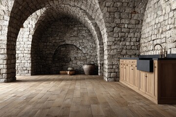 Fototapeta premium Interior space features rough stone walls and wooden cabinetry juxtaposed with a modern sink fixture