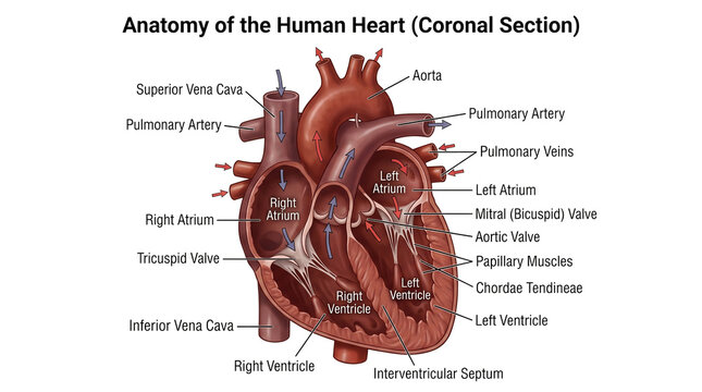 Anatomy of the human heart coronal section, medical diagram of cardiac structure with labels, internal view of heart chambers and valves isolated PNG with Transparent Background
