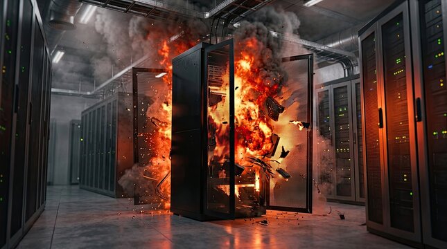 Catastrophic data center server cabinet explosion with intense flames smoke and debris flying representing system failure cybersecurity breach or technological disaster in a modern server room