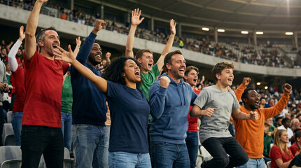 Fototapeta premium Diverse Crowd of Enthusiastic Sports Fans Celebrating a Victory in a Packed Stadium