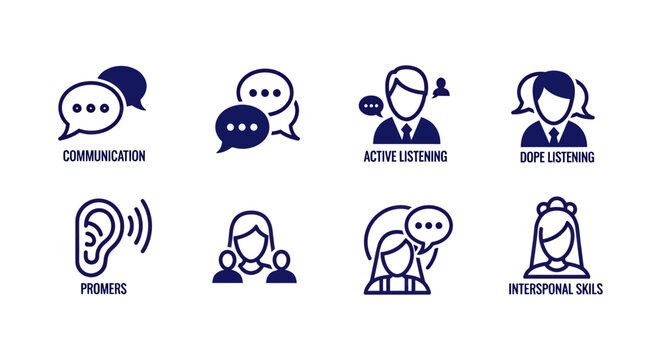 Set of universal communication icons illustrating listening, speaking, and learning concepts.