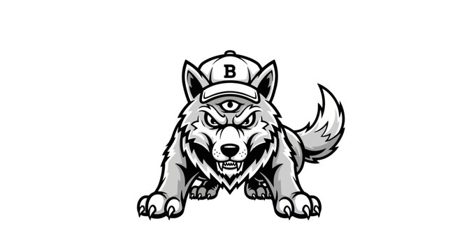 A fierce, stylized wolf wearing a baseball cap with a 'B' logo, depicted in a black and white illustration with a menacing expression.