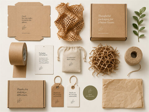 Sustainable packaging materials are arranged in a flat lay with paper labels fabric pouch twine cardboard boxes and reusable textures for eco friendly brand identity and zero waste presentation
