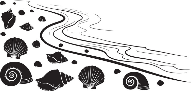 Black and white of seashells and pebbles by a wavy shoreline