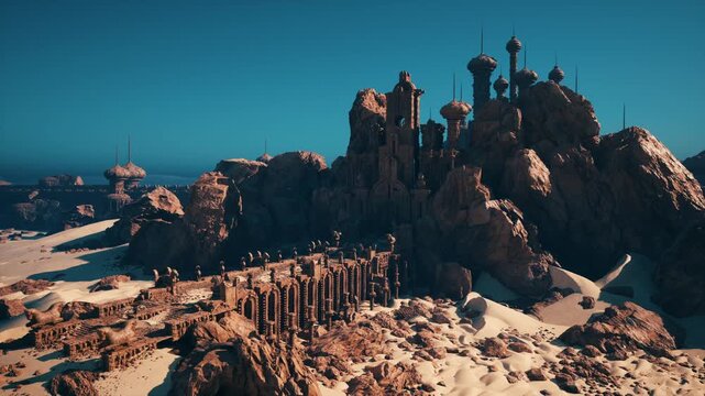 desert fortress on rocky coastal plateau, cinematic aerial panorama of ancient towers and ruined citadel bathed in warm sunlight, deep shadows carving sandstone