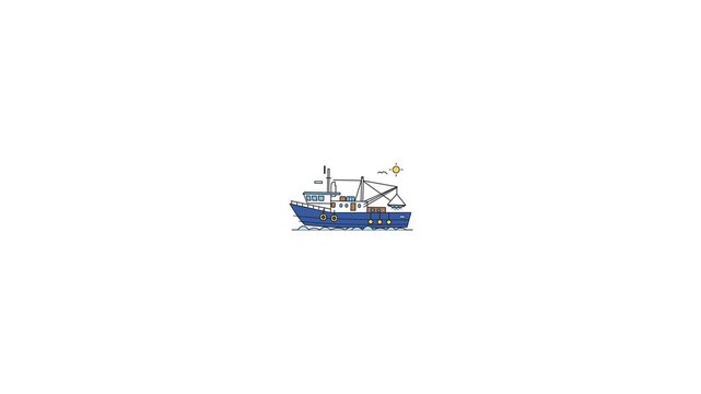 Blue and white fishing trawler vessel sailing on calm water with seagulls in the sky