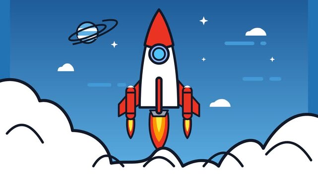 Cartoon rocket launching through sky with clouds and planet