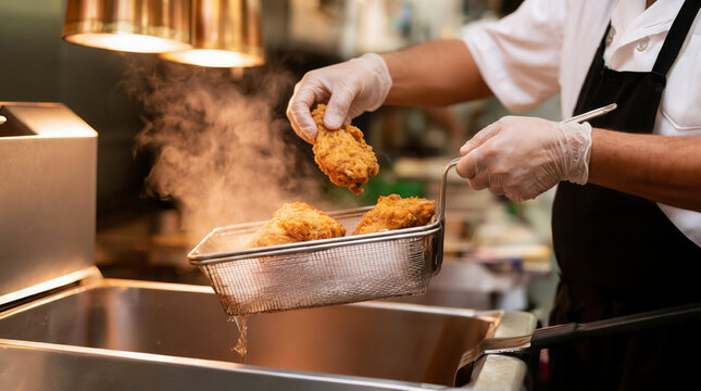 Professional chef lifting freshly fried chicken from a deep fryer in a commercial kitchen, showcasing hot food preparation and restaurant service.