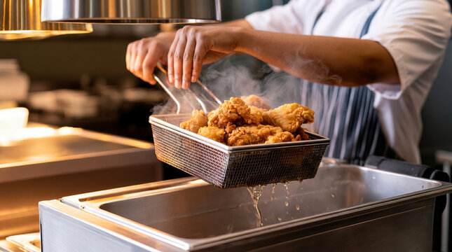 Professional chef lifting a basket of freshly fried chicken from a deep fryer in a commercial kitchen, showcasing food preparation and restaurant service.