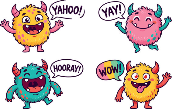 Cute Cartoon Monster Vector Sticker Set with Fluffy Colorful Little Creatures and Happy Celebratory Speech Bubbles