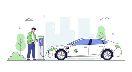 Naklejka premium Man charging electric car at station, cityscape background with trees