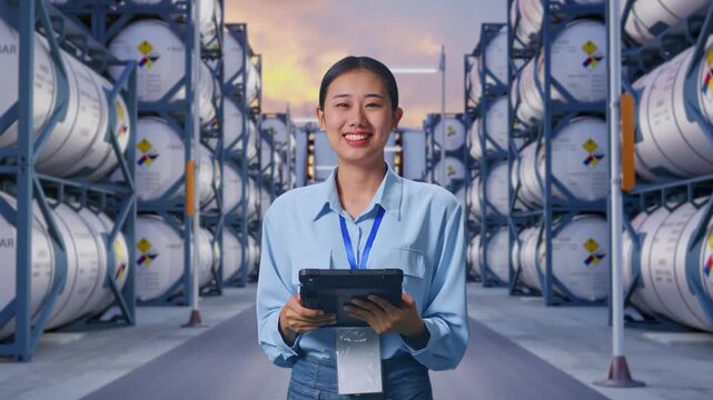 Asian Female With Her Tablet at Industrial Chemical Tank Container Storage Facility, She Is Looking At The Camera With A Smile