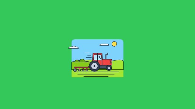 Colorful flat vector illustration of a red tractor plowing a field on a sunny day