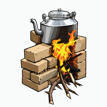 Rustic kettle on a brick stove vector illustration