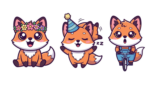 Cute Cartoon Fox Characters in Festive Outfits.