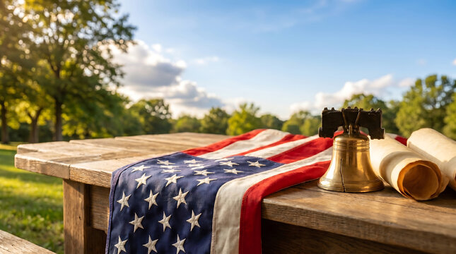 Patriotic us flag and historic symbols on an outdoor wooden table, with ample copy space for advertising national events.