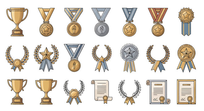 Collection of Award and Trophy Icons A Variety of Medals, Ribbons, and Certificates Representing Achievement and Recognition