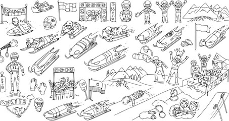 Bobsleigh, Luge, and Skeleton Winter Sports Line Art Doodle Collection. Black and White Hand-Drawn Athletes, Sleds, and Olympic Equipment. © hugo