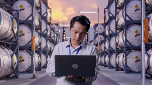 Asian Male Professional Worker Standing With His Laptop at Industrial Chemical Tank Container Storage Facility, Work Continuously
