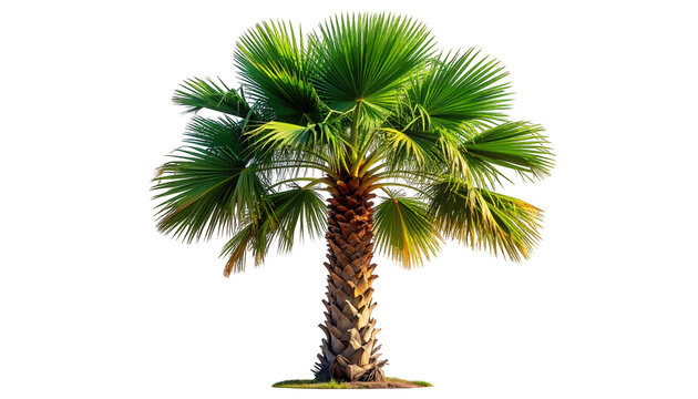 A vibrant, healthy palm tree standing tall against a white background, showcasing its lush green foliage and sturdy trunk