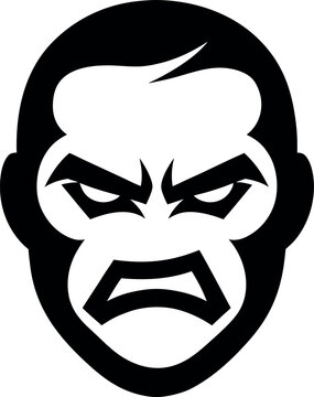 Angry gorilla face, aggressive monkey icon, black and white illustration, emotive primate portrait
