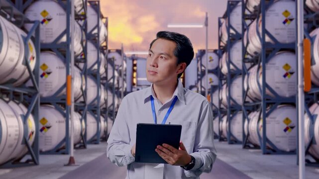 Asian Male Professional Worker Standing With His Tablet at Industrial Chemical Tank Container Storage Facility, He Observes By Looking Around Before He Come To Concentrating With His Tablet