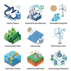 Fototapeta premium renewable energy icons set including carbon capture solar wind geothermal tidal smart energy distribution