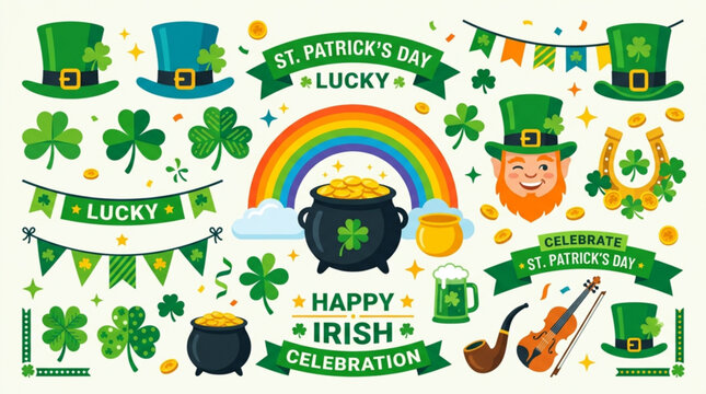 St patrick's day celebration elements with rainbow shamrocks