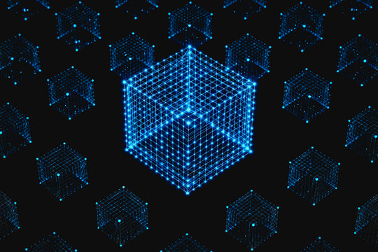 A glowing central wireframe cube surrounded by identical wireframe cubes, representing digital network and data structure in cyberspace.