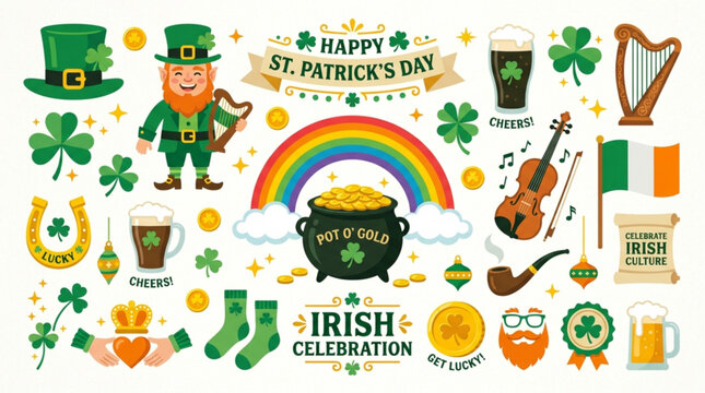 St patrick's day celebration with leprechaun rainbow pot of gold