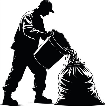 Black silhouette worker, man pouring trash, garbage bag, waste disposal, recycling vector
