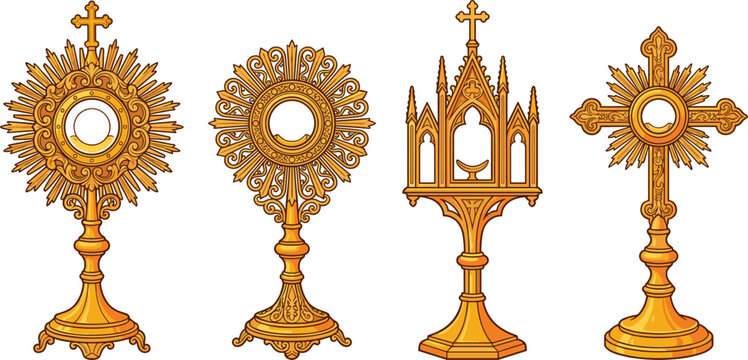Golden Catholic Monstrance Vector Collection Featuring Gothic Cathedral Ostensorium Reliquary and Cross Styles for Holy Eucharist Adoration and Liturgical Church Designs