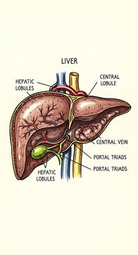 Detailed anatomical diagram of liver lobules and blood vessels.