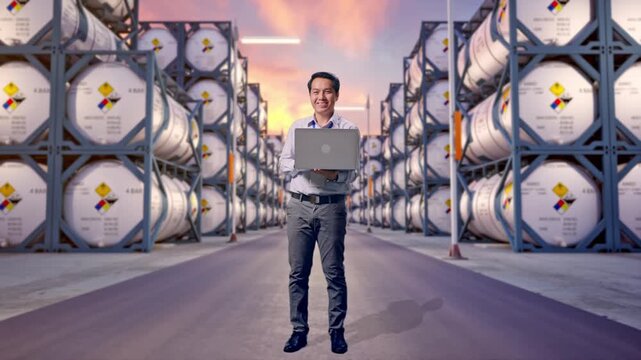 Full Body Of An Asian Male Professional Worker Standing With His Laptop at Industrial Chemical Tank Container Storage Facility, He Is Looking At The Camera With A Smile