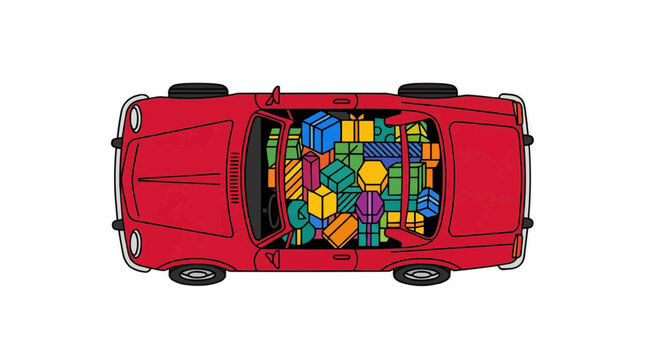 Overhead view of a red vintage car packed full of colorful geometric gift boxes for Black Friday shopping Black Friday
