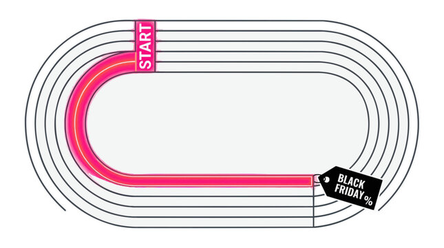 Athletic track with start line and black friday sale tag symbolizing speed and discounts for shopping events Black Friday