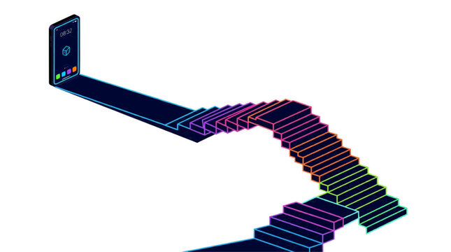 Smartphone screen displays a cube icon and time, casting a shadow that forms a colorful staircase leading upwards, symbolizing digital progress and opportunity Black Friday