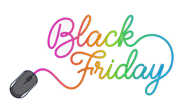 Black Friday colorful handwritten text connected to computer mouse online shopping concept Black Friday