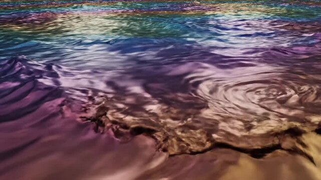 Iridescent oil slick surface on dark water ripples.
