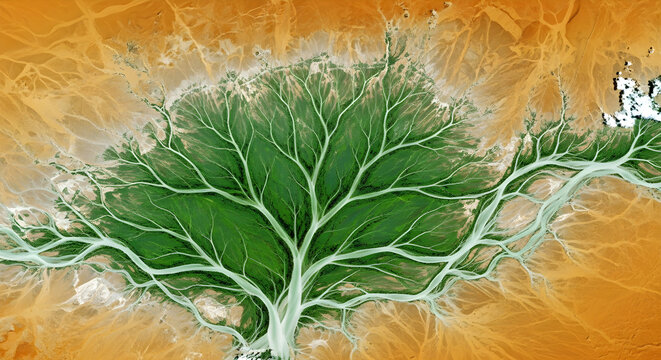 Abstract tree-like river delta patterns captured via Remote Sensing imagery showing semi-arid landscape mapping