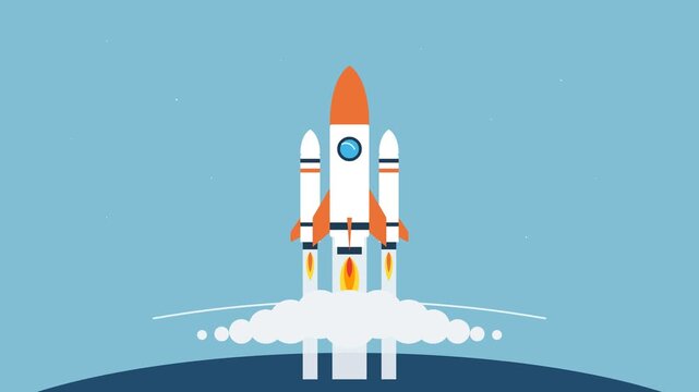 Flat design rocket launch illustration with smoke trail against blue sky