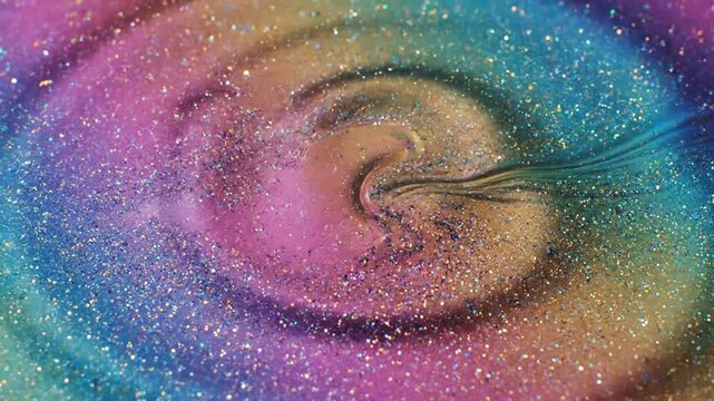 Rainbow glitter liquid surface with pouring dark stream