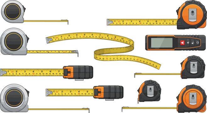 Industrial Tape Measure Vector Set Featuring Digital Laser Distance Meters Mechanical Rulers and Yellow Measuring Tapes for Construction Carpentry Engineering and Renovation Graphics