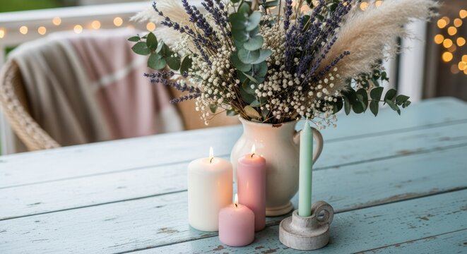 &Eacute;l&eacute;gante composition florale avec des chandelles sur une table rustique en bois