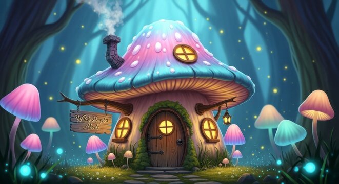 Maison champignon fantastique avec des fen&ecirc;tres lumineuses au milieu d'un d&eacute;cor forestier magique