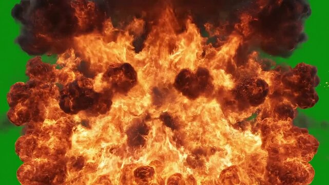 Intense fiery explosion erupting with smoke and flames against a green screen backdrop.
