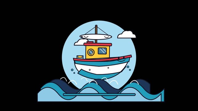 Illustrated cartoon fishing boat on stylized blue waves with clouds