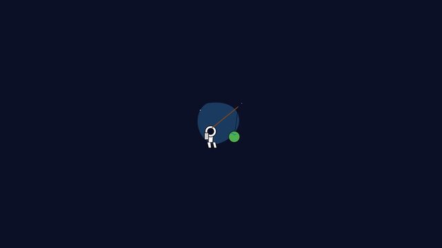Minimalist animated character with thought bubble on dark background