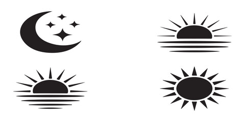 Obraz premium Night and day vector illustrations set. sleep and wake up concept, moon with stars and sun rising over water.